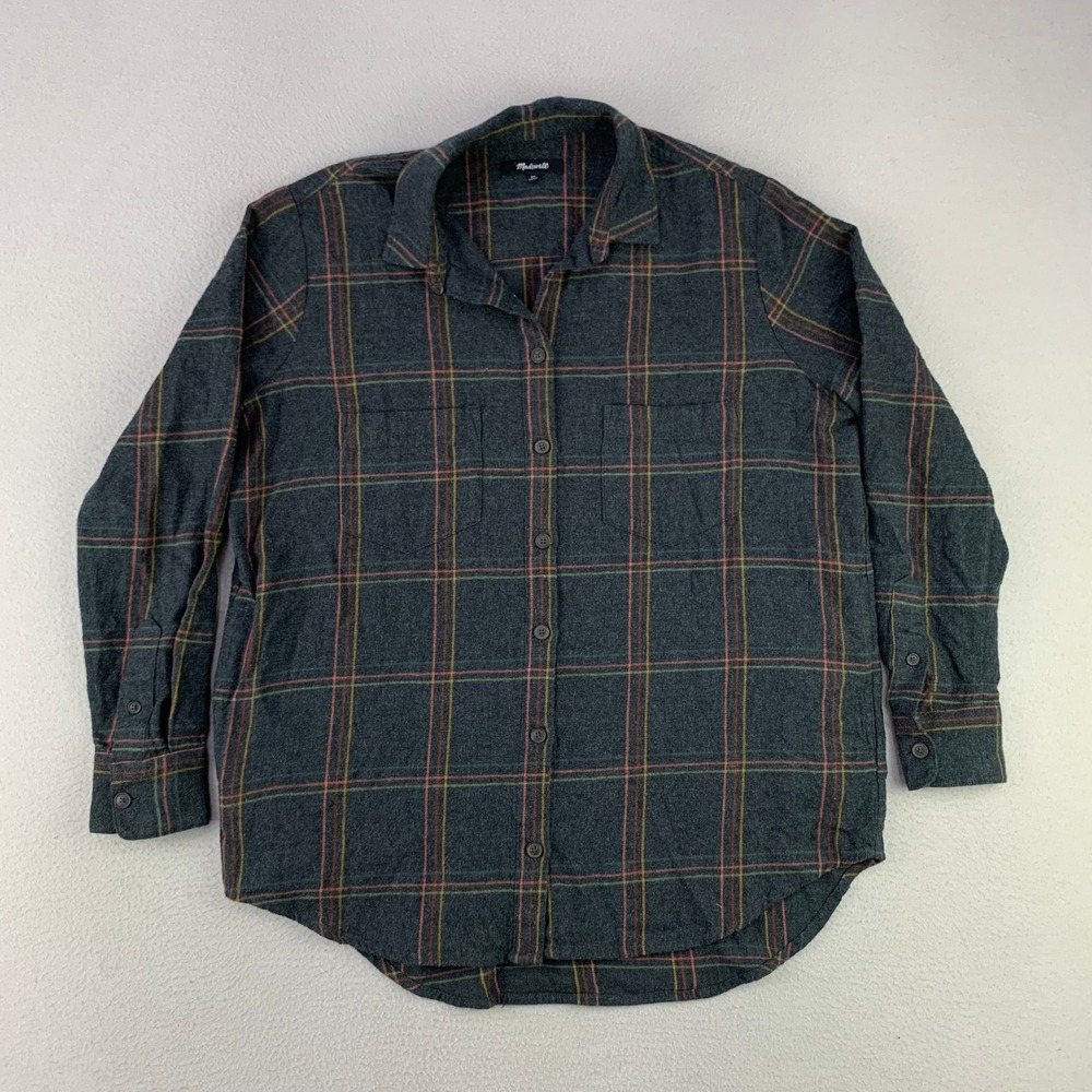 Madewell Flannel Button Up Shirt Jacket Womens XS Gray Plaid Long Sleeve Retro